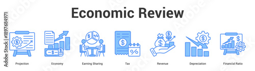 Economic Review web banner icon set vector illustration concept for business with icon of Economy, Earning Sharing, Tax, Revenue, Depreciation, Financ.