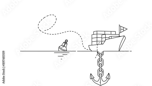 Minimalist line art of a cargo ship with anchor and buoy on a shipping route.