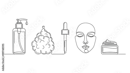 Minimalist line art of skincare products and a face.