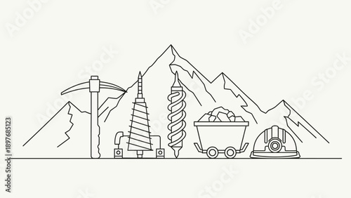 Mining industry concept illustration with tools and mountains.