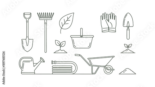 Gardening tools and plant illustration