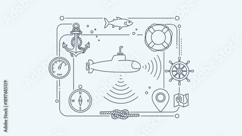 Outline illustration of marine navigation and underwater exploration icons.