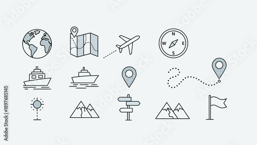 A collection of minimalist travel and navigation icons on a white background.