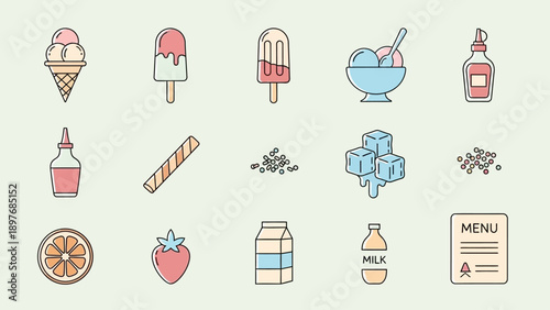 Collection of stylized icons for ice cream and sweet treats.