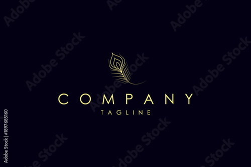 Luxury golden peacock feather logo with vector template design