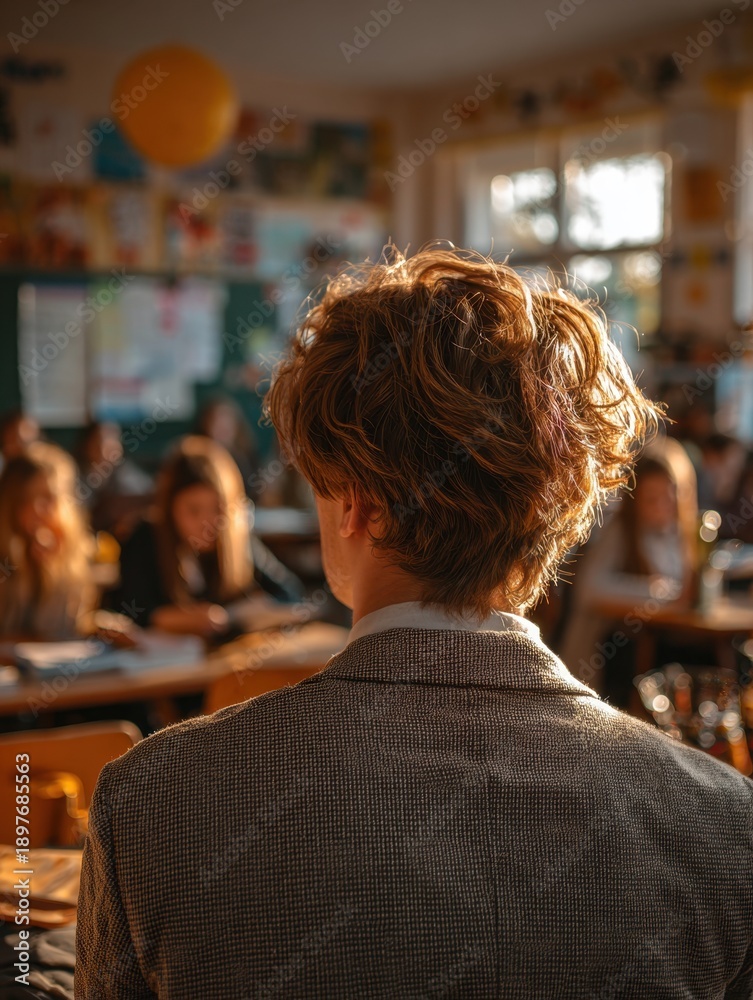 Fototapeta premium A student with curly hair is seated among other students and teachers in a classroom setting.