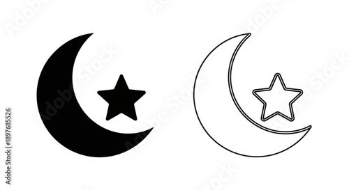 Islamic Crescent Moon Star Icon Set: Religious Holy Celestial Symbol Vector Graphic Design