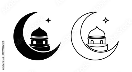 Islamic Crescent Moon Mosque Icon Set: Religious Spirituality Symbol Vector Design Element