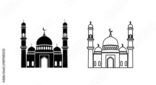Classic Mosque Building Icon Set: Islamic Architecture Minaret Dome Symbol Vector Design