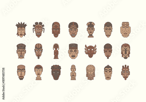 Vector Concept Design Flat Icon Diverse Collection of Hand-Drawn African Tribal Masks with Unique Facial Features and Textures.