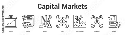 Capital Markets web banner icon set vector illustration concept for business with icon of Stock, Bond, Equity, Forex, Stockbrok.