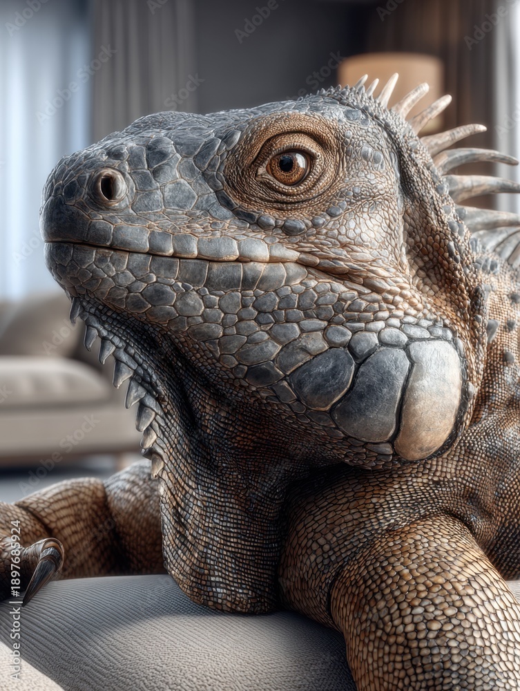Fototapeta premium A reptile with intricate scale patterns rests upon a textured surface.