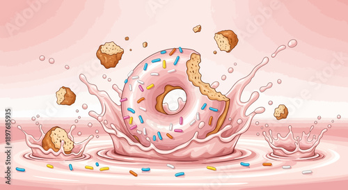 Donut with pink frosting and sprinkles splashing into milk