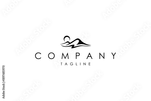 Mountain panorama logo with water waves in nature vector design style