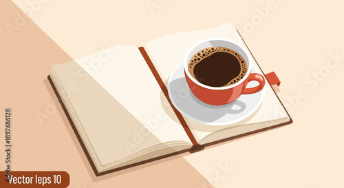 Red Coffee Cup on Open Notebook.