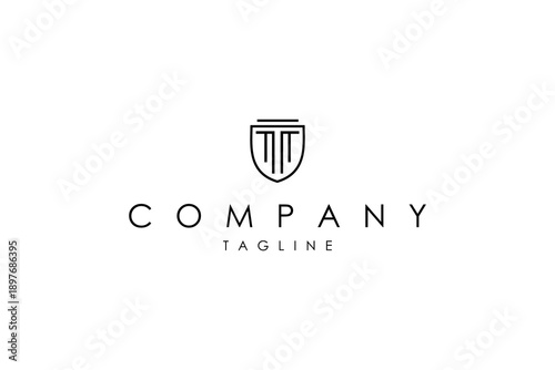 Ancient building pillar column logo with shield frame in minimalist line art design style