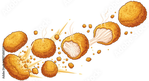 Fried Chicken Nuggets with Breadcrumbs and Meat Exposed