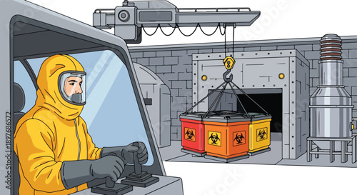 Industrial worker in protective suit operating heavy machinery to transport hazardous materials in a controlled environment
