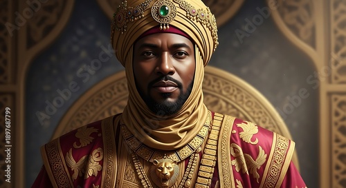 Realistic portrait of Mansa Musa with commanding presence, confident gaze