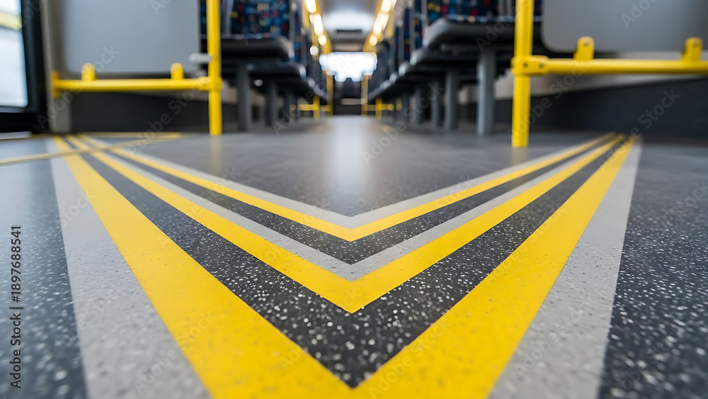 Naklejka premium Yellow and black chevron markings on industrial floor surface