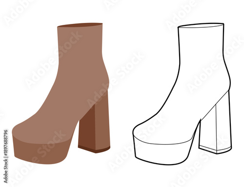 Brown chunky platform block ankle boot women flat plus line set. Oversized sole with stacked heel for winter. Technical fashion illustration CAD mockup vector men unisex isolated chic style.