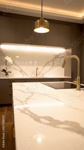 A modern kitchen with a large marble island and pendant lights video