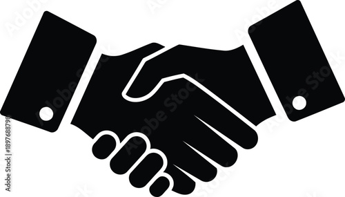 Black silhouette of two hands shaking, representing agreement, partnership, and successful business transactions.