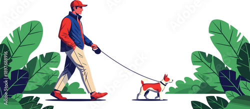 Man walking dog on a leash surrounded by lush greenery in a serene outdoor environment from a side viewpoint