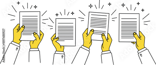 Multiple hands holding documents in a celebratory gesture from different viewpoints