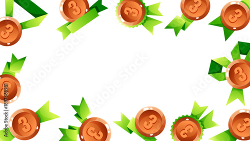 A horizontal banner frame of sports awards, including bronze medals, on a green ribbon.