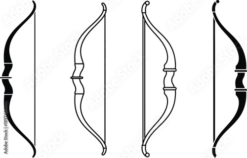Vector set of traditional archery bows, black outline and filled silhouettes, isolated on white