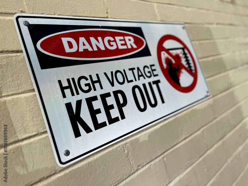 Naklejka premium Closeup of metal “Danger High Voltage Keep Out” safety sign on brick wall, selective focus emphasizing industrial electrical hazard warning.