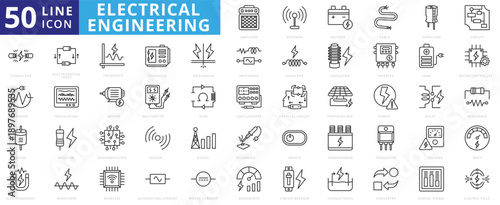 electrical engineering icon outline pack contains microcontroller, electromotive force, modulation, ohm, multimeter, oscilloscope, inductor, impedance, antenna, battery, cable, capacitor, amplifier