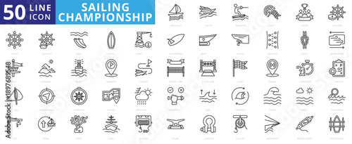 sailing championship icon outline pack contains boom vang, bow, regatta, bowsprit, sailboat, yacht, race, crew, skipper, helm, mast, sail, jib, rudder, furl, gybe