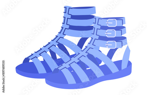 Blue gladiator wedge sandal shoe women flat pair. Buckle strap high gladiator sandal for night out beach party. Technical fashion illustration CAD mockup soft vector man isolated contemporary style.