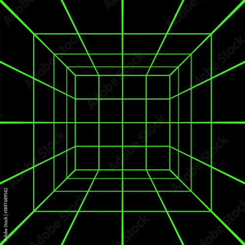 Square green neon light wireframe in perspective on black background. Room, portal or studio grid structure in futuristic cyberpank style. Metaverse or virtual reality space. Vector illustration