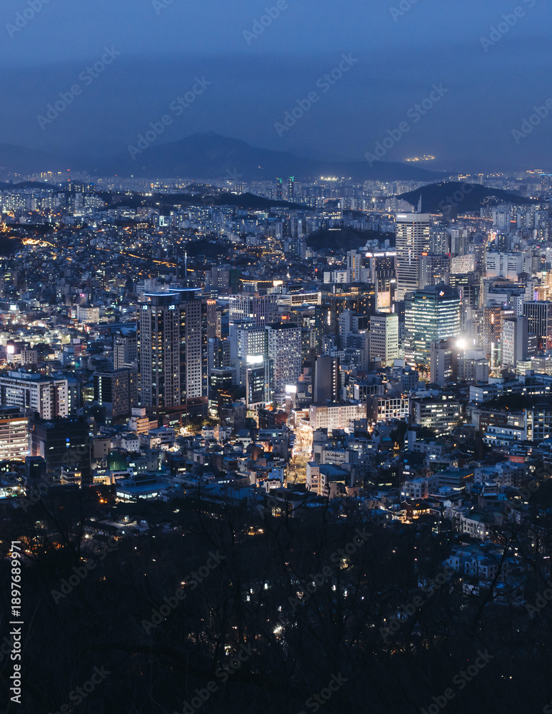 Naklejka premium Seoul night skyline, South Korea, beautiful aerial twilight view, with mountains and scenery beyond the city, seen from observation deck of Namsan Park, Gyeonggi-do province, Republic of Korea