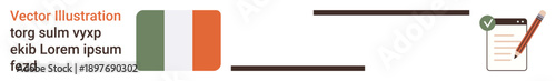 National identity, document approval, compliance, validation, official process, documentation. Ireland flag connected to paper checklist and a pen. National identity and document approval concepts