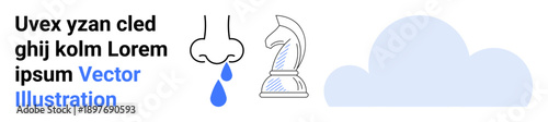 Health, strategy, creativity, weather, abstract concepts, minimalism. Visual of a dripping nose, a chess knight and a cloud. Health and strategy with unique elements