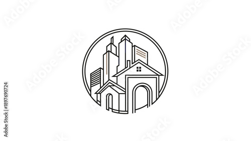 A clean line art illustration of an urban landscape with modern buildings and houses.