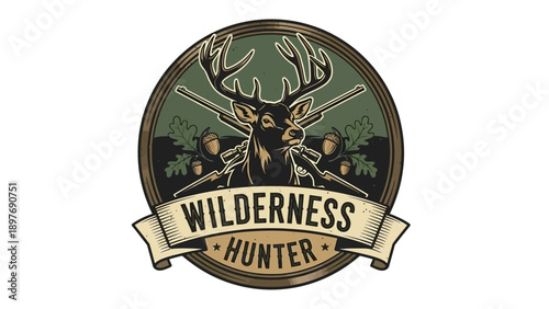 Vintage Wilderness Hunter Emblem with Majestic Deer and Crossed Rifles