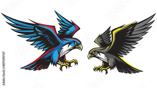 Two stylized falcons in mid-flight facing each other