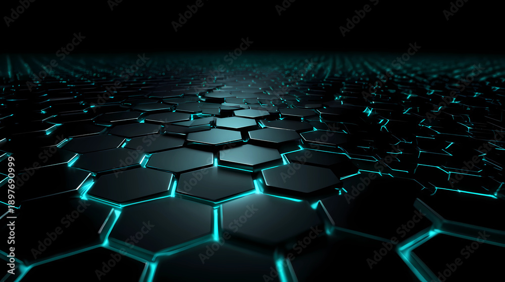 Fototapeta premium Gaming and high-tech aesthetic background featuring dark metallic hexagonal grid and cyan light, Generative AI illustrations.