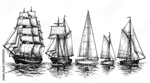 Collection of diverse sailing vessels, from tall ships to smaller sails, vector illustration