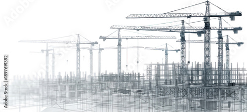 A skeletal wireframe 3D rendering of a massive construction site with multiple tower cranes and unfinished building structures architecture industrial engineering development