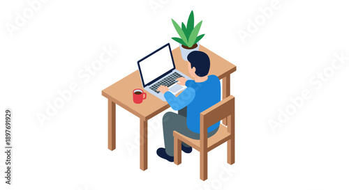 Man sitting at desk using laptop computer.