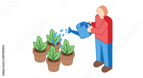 Man Watering Potted Plants with Can.