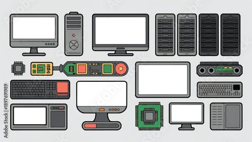 Futuristic technology icons collection for digital innovation, AI, and advanced concepts. Modern vector art.