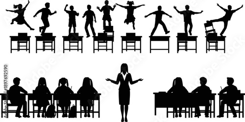 Classroom behavior silhouettes showing students jumping on desks with teacher supervision, education discipline concept for school learning environment, child behavior management, training 
