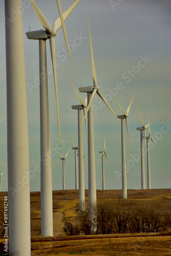 Wind turbines producing clean renewable power in North Dakota,.